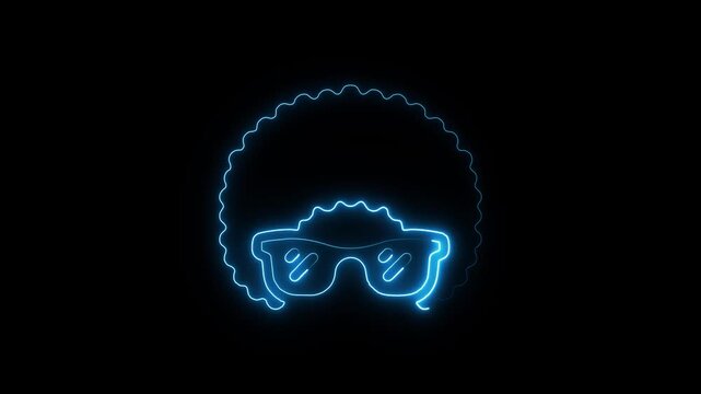 Neon blue outline of an afro hairstyle and sunglasses glowing against a black background abstract retro style symbol