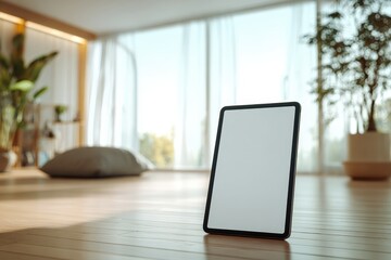 A blank tablet screen mockup (like an iPad), standing on the floor against a wall in a peaceful yoga room. Commercial use for digital wellness content or online classes.