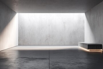 Concrete room lit by skylight. Minimalist, rectangular space