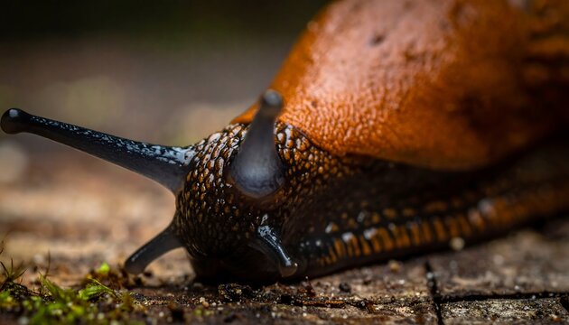 Macro shot of a vibrant slug crawling on weathered wood, close-up