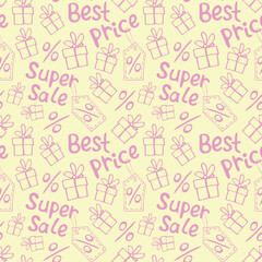 Vector seamless pattern with inscriptions and symbols Sale. Hand drawn background and texture on theme of Black Friday, best price, discounts, shopping and special offers