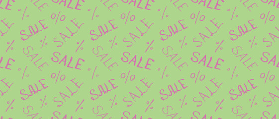 Vector seamless pattern with inscription Sale and percent signs. Hand drawn background and texture on theme of Black Friday, discounts, promo, commercial and special offers. Handwritten backdrop
