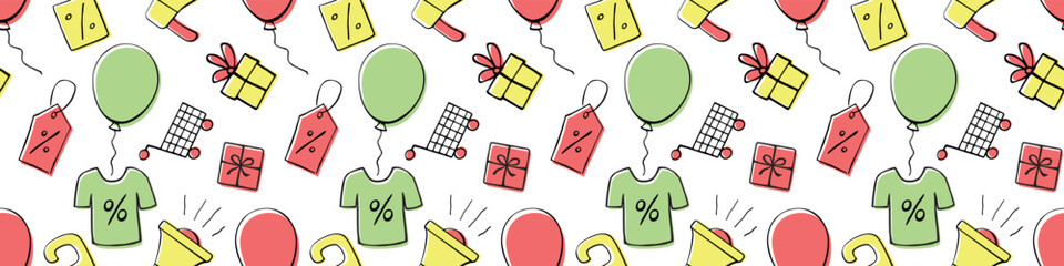 Simple vector seamless pattern related to shopping, black friday, promotions and sales. Endless background for gift paper, decoration, prints