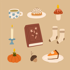 Cozy autumn elements collection. Book, tea cup, socks, cinnamon roll, pumpkin pie, candle. Fall hand drawn composition with warm reading atmosphere. Flat vector illustration.