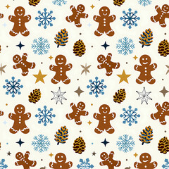 Cute seamless texture with gingerbread cookies and winter elements for packaging, fabric and stationery.
