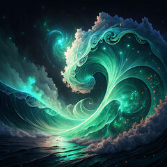 Abstract swirling cosmic energy wave in emerald and teal illuminating deep space illustration
