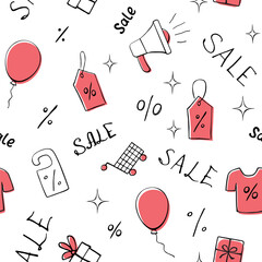 Simple vector seamless pattern related to shopping, black friday, promotions and sales. Endless background for gift paper, decoration, prints