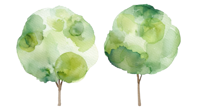 Set of green trees watercolor isolated on white background