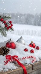 A festive, panoramic Christmas scene. The foreground features a wooden surface covered in a thick layer of pristine white snow. Scattered across the snow are several red Christmas ornaments of varying