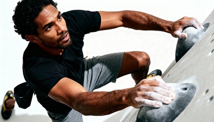 A focused man with chalked hands rock climbing indoors on a white wall.