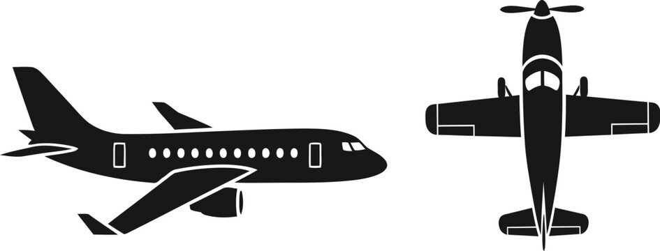 Two airplane silhouettes, one showing the side view of jet plane and the other a front view of a propeller plane, isolated on a clean white background for transportation or travel industry materials.