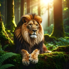 Majestic lion resting serenely on a moss-covered branch in sunlit woods
