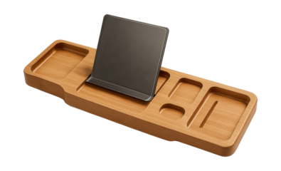 Bamboo bath caddy with waterproof book holder and slots for essentials, perfect for