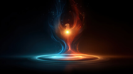 Phoenix bird rising from glowing fire and water light, fantasy digital art with bright blue and orange colors, mystical energy and magical aura