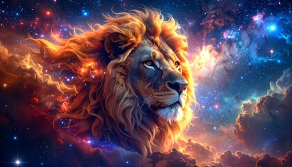 Majestic lion's head emerging from vibrant nebula filled with stars