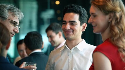 Businessman enjoy discussing with business partner at corporate networking event or office New year party. Company meeting, Team collaboration, Employee and customer gathering - Powered by Adobe