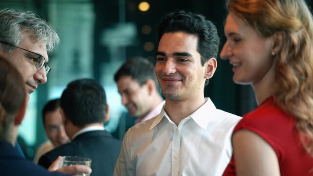 Businessman enjoy discussing with business partner at corporate networking event or office New year party. Company meeting, Team collaboration, Employee and customer gathering - Powered by Adobe