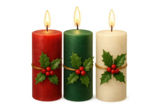 Christmas advent candles burning with holly leaves and red berries, festive holiday season decoration on transparent background