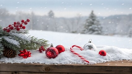 A festive, panoramic Christmas scene. The foreground features a wooden surface covered in a thick layer of pristine white snow. Scattered across the snow are several red Christmas ornaments of varying