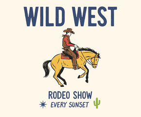 Wild West Rodeo Show Print. Vintage Cowboy Riding Horse. Retro Western Poster Design. Equestrian Event Graphics. Distressed Wild West Badge