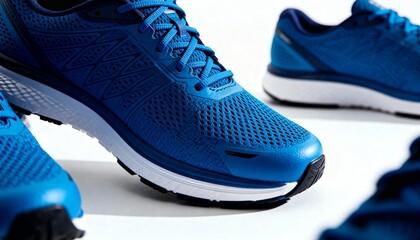 Close-up view of a pair of bright blue athletic running shoes with white soles and black accents, showcasing their mesh texture and lacing.