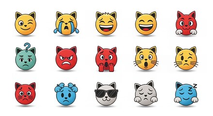 Set of Cute Cat Emojis with Various Expressions and Colors.