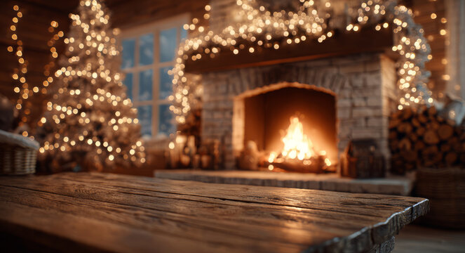 Cozy christmas scene warm fireplace rustic cabin wooden table holiday lights glowing bokeh