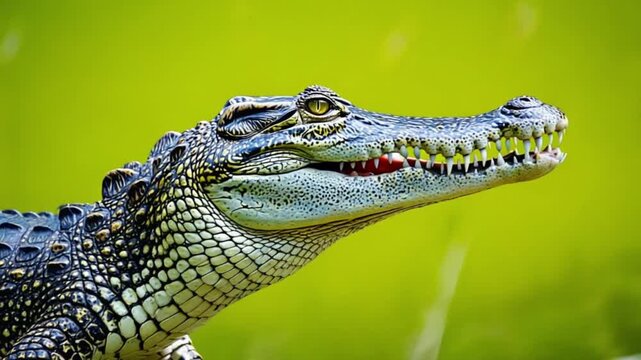 A close up shot of an alligator with its head raised against a green background in the outdoors crocodile green screen video