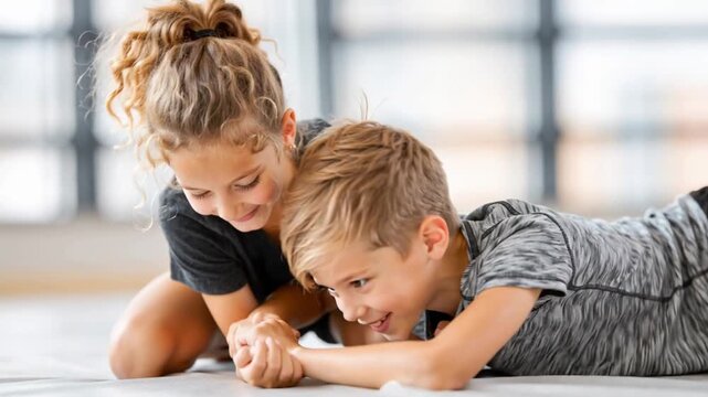 two kids wrestling and smiling during MMA grappling training session in gym
