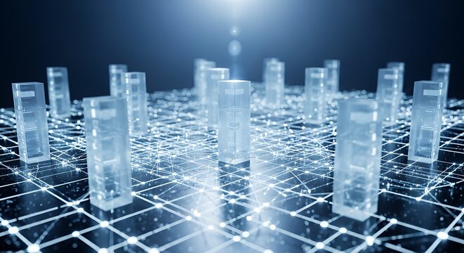 Futuristic Cityscape with Glowing Network Connections and Abstract Buildings.