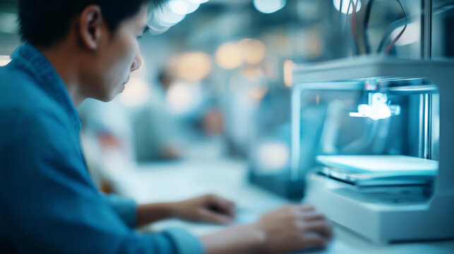 Engineer working at 3D printing workshop with defocused technology, faceless additive manufacturing, engineering visualization detail, blurred workshop background, 3D production co