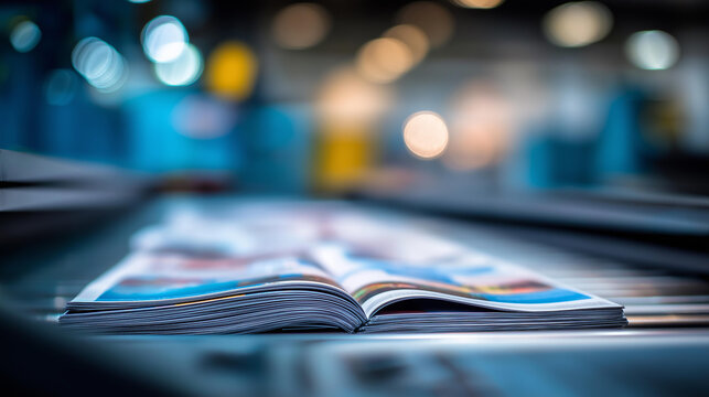 Machine printing magazine with defocused blurry background, faceless publication production, printing visualization detail, motion blur setting, manufacturing process concept, prin