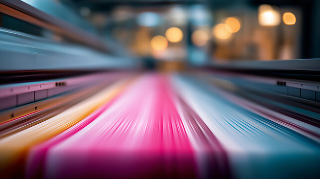 Wide-format printer producing colorful lines defocused indoors, faceless commercial printing, bright visualization detail, blurred printing background, banner production concept, l