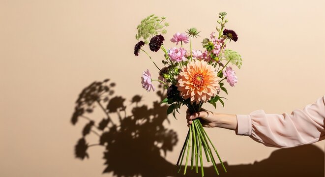 Hand holding airy flower bouquet casting shadow on beige wall, mixed florals in peach and burgundy, hard sunlight, minimal aesthetic