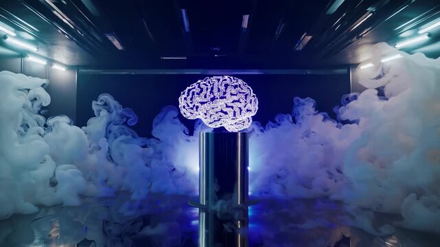 Digital brain hovers in cyber space smoke. Futuristic glow highlights brain structure. Cyber design merges science with technology. Innovation driven by intelligence and neon patterns in AI display.