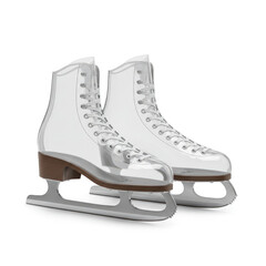 A pair of ice skates with white boots and metal blades on a white background studio shot