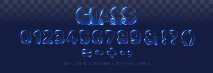 Glass digits and set vector illustration. Transparent shiny numbers on dark background.