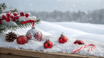 A festive, panoramic Christmas scene. The foreground features a wooden surface covered in a thick layer of pristine white snow. Scattered across the snow are several red Christmas ornaments of varying