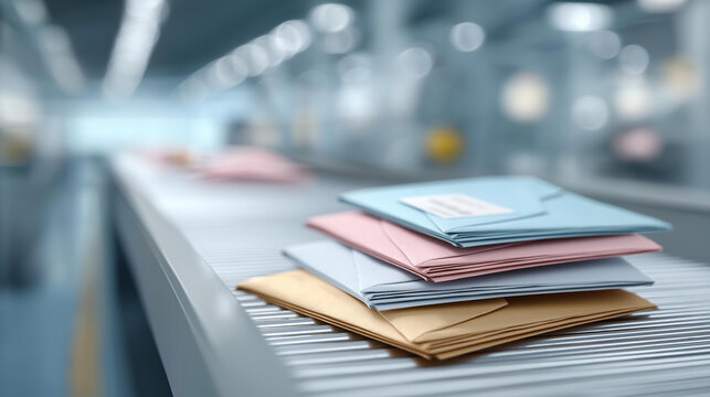 Stack of papers and envelopes in defocused printing facility, faceless mailing production, modern visualization detail, blurred facility background, printing operations concept, ma