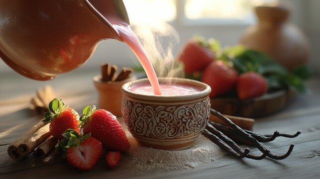 Premium strawberry atole being poured from traditional clay pitcher into ornate ceramic mug with fresh strawberries and vanilla beans on rustic wooden table