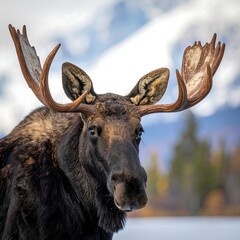 Majestic moose with impressive antlers against a snowy mountain backdrop