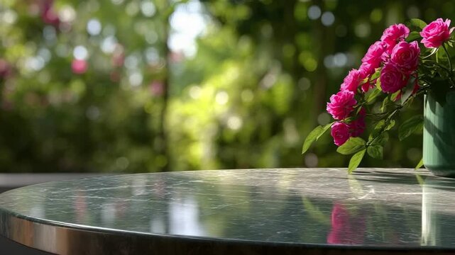 A vase of pink roses on a green marble table with a sunlit blurred garden background