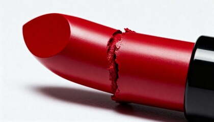 A close-up shot of a vibrant red lipstick stick broken in half, revealing its textured interior against a clean white background.