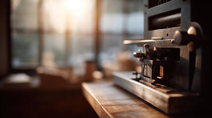 Vintage printing press in workshop with defocused sunlight, faceless traditional printing, historical visualization detail, blurred window background, antique machinery concept, he