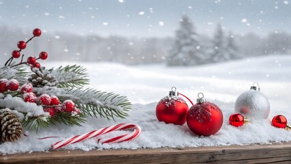 A festive, panoramic Christmas scene. The foreground features a wooden surface covered in a thick layer of pristine white snow. Scattered across the snow are several red Christmas ornaments of varying