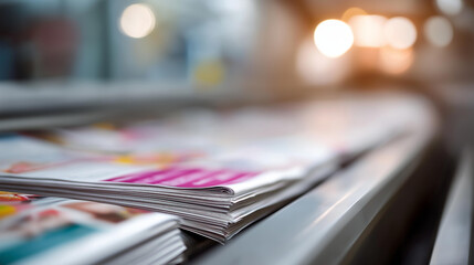 Press printing machine in color operation defocused closeup, faceless printing process, publishing visualization detail, blurred printing background, color production concept, pres