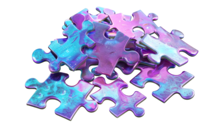 Set of holographic iridescent jigsaw puzzle pieces in purple and blue 3D rendered isolated on a white background