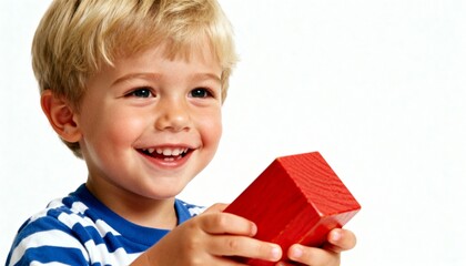A smiling young boy with blond hair holds a red wooden block, looking happy and playful.