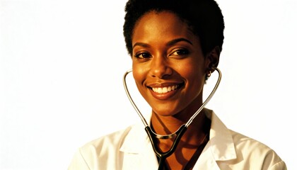 Smiling African American doctor with stethoscope around neck, wearing white coat.