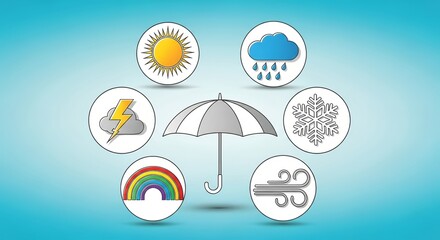 Obraz premium Umbrella protects from diverse weather icons sun rain snow wind lightning rainbow
